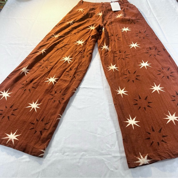 ZARA SUN PRINT BOHO LINEN BROWN WIDE LEG PANTS XS NWT - Picture 13 of 16